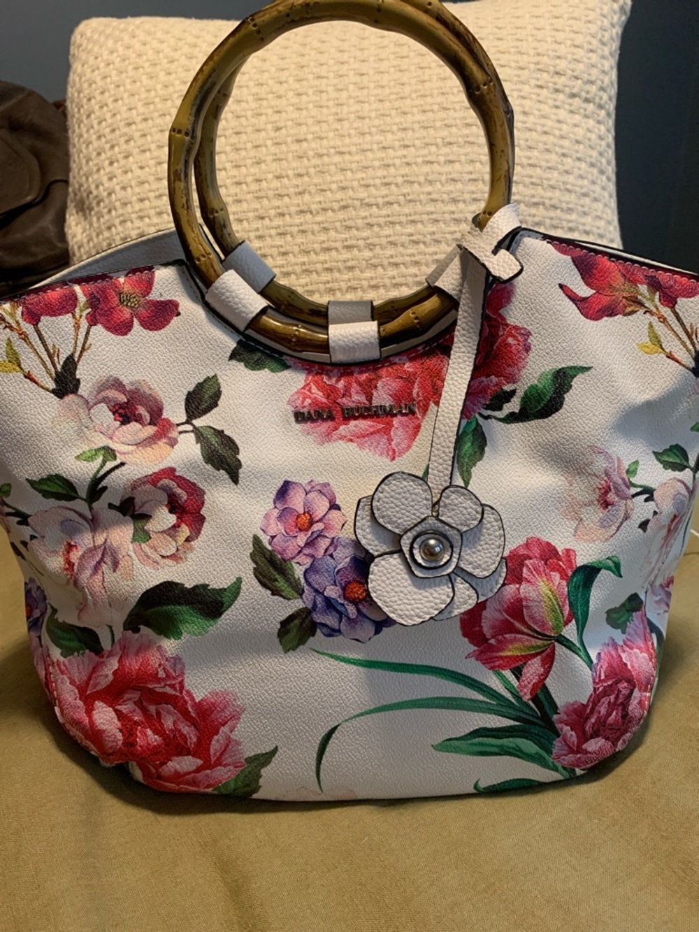 Dana Buchman White Floral Tote with Bamboo-Style Handles and Flower Charm